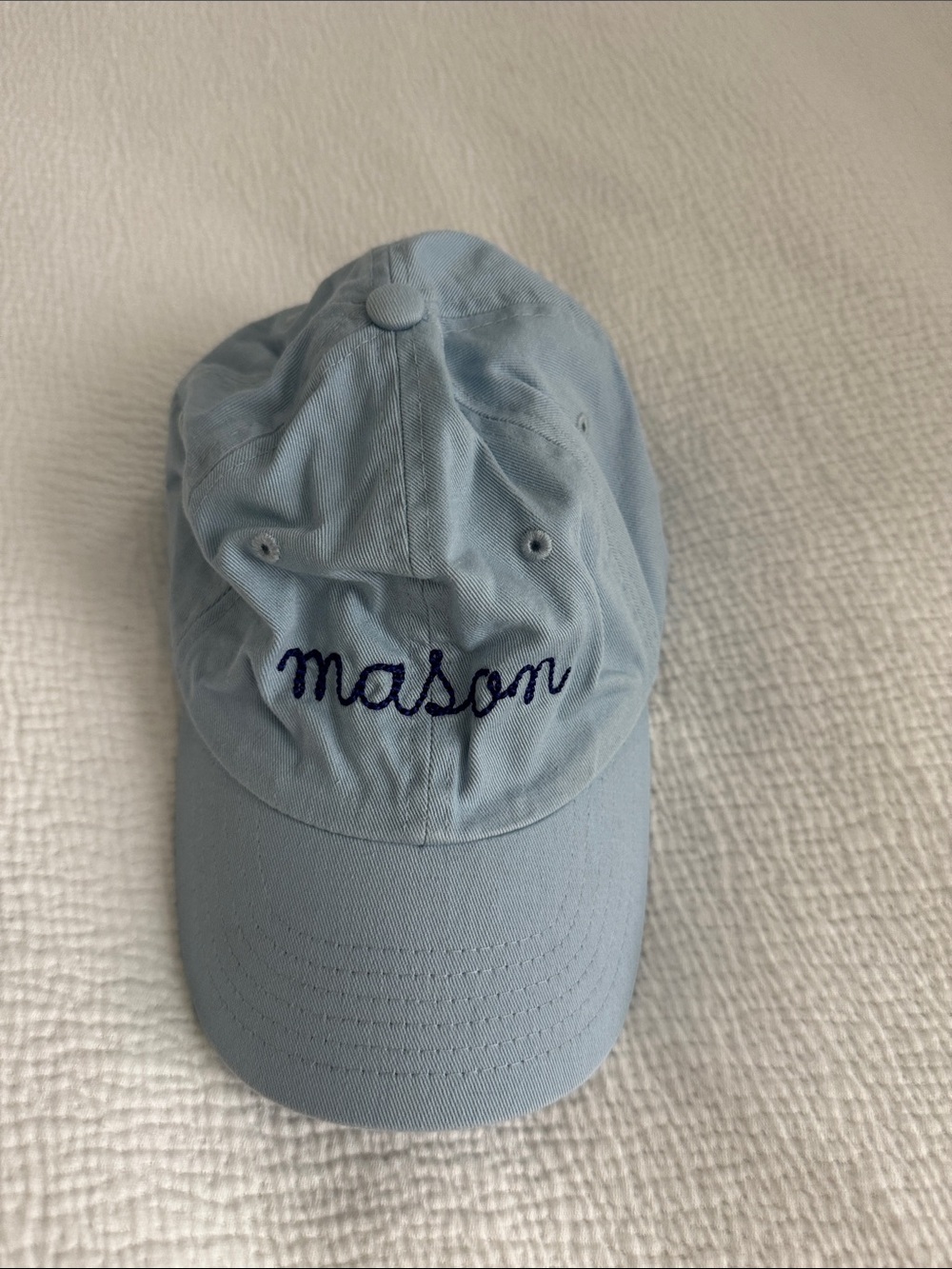 Personalized Light Blue Kids Baseball Cap with Navy “Mason” Embroidery